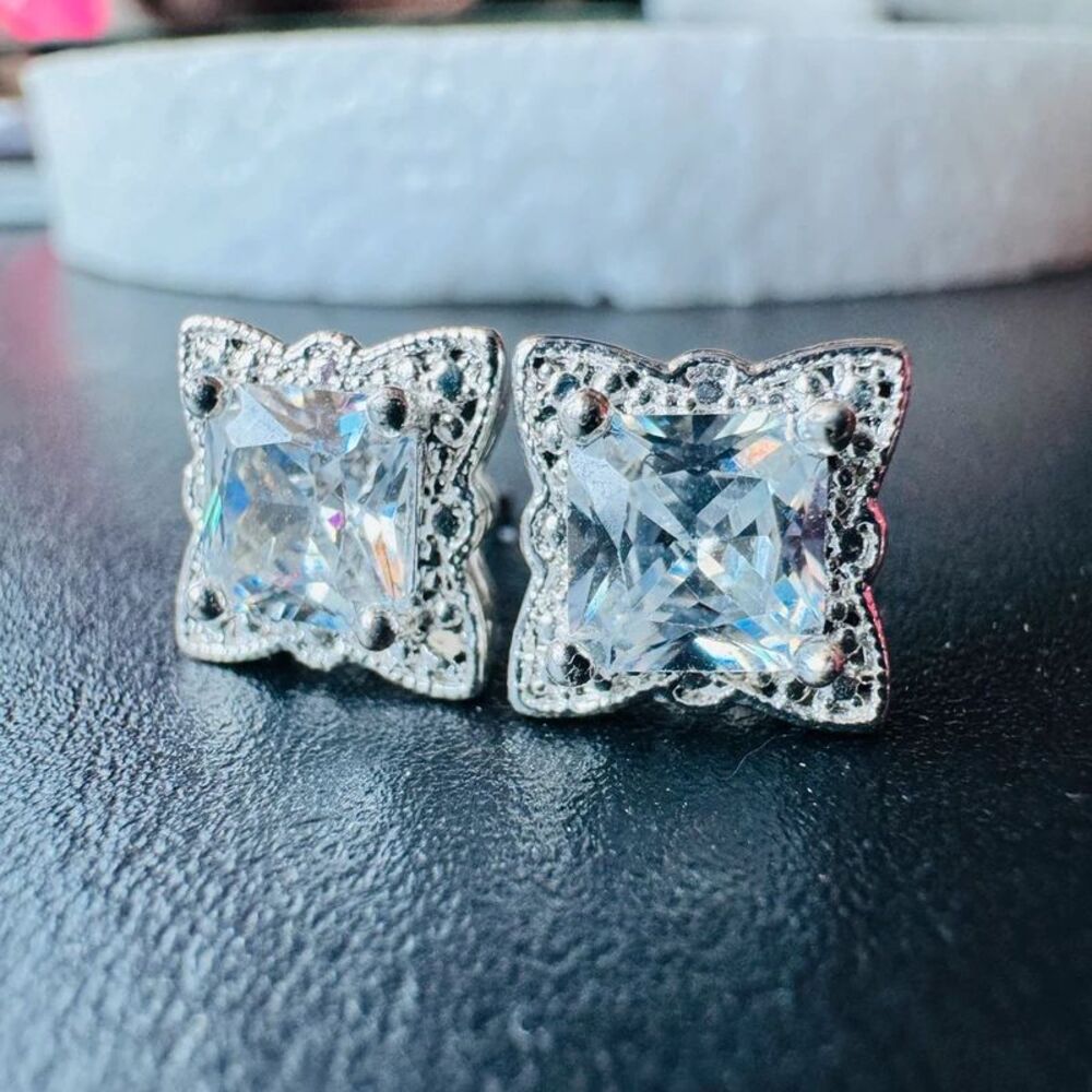 Vintage Avon Square-Cut Clear Stone Ornate Stud Earrings